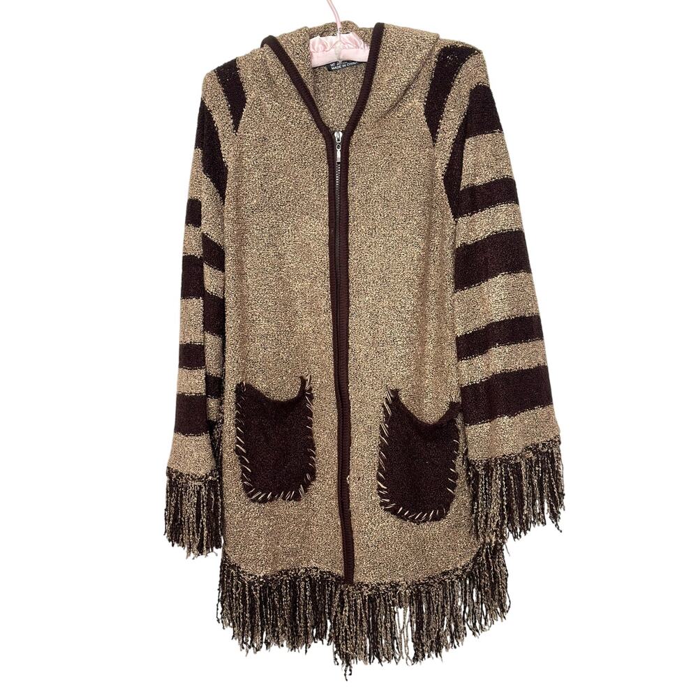 Vintage 100% Pashmina Brown Striped Knit Boucle Full Zip Poncho Sweater OSFM